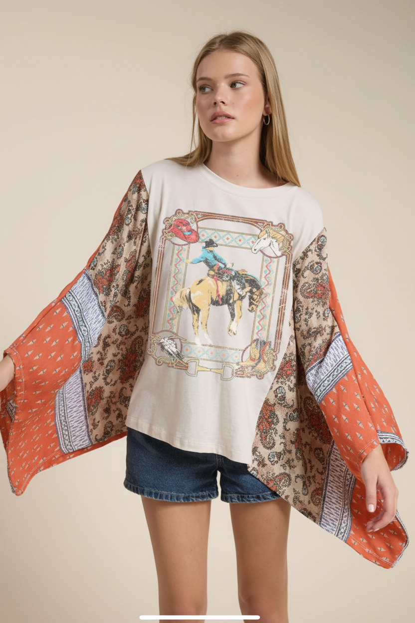 Women’s Western Cowboy Graphic Tee with Boho Kimono Sleeves Last Rodeo Western Wear & Hat Bar