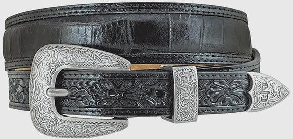 Stetson Black Croco Print & Tooled Leather Western Belt Last Rodeo Western Wear & Hat Bar