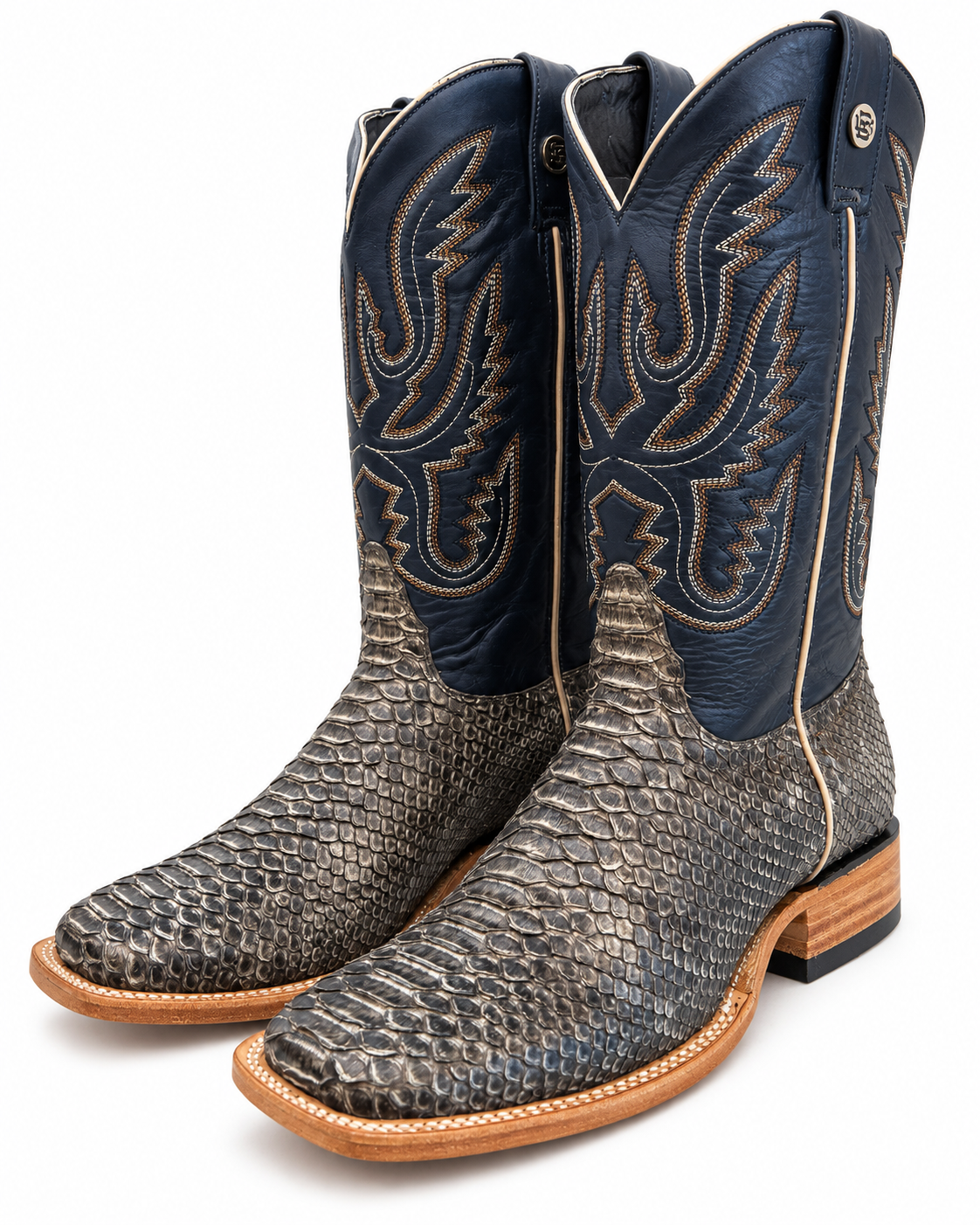 Genuine Exotic Python Square Toe Cowboy Boots – Navy & Grey Last Rodeo Western Wear & Hat Bar