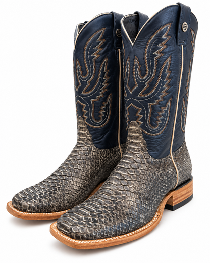 Genuine Exotic Python Square Toe Cowboy Boots – Navy & Grey Last Rodeo Western Wear & Hat Bar