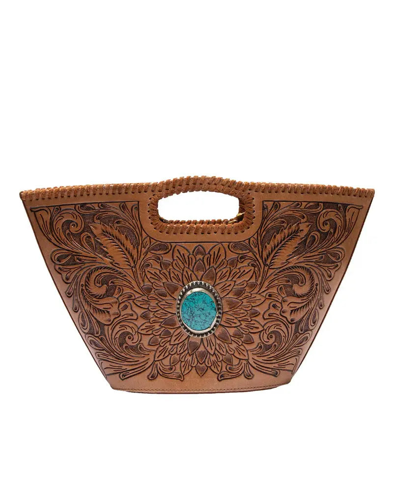 Loyal West Desert Marigold hand-tooled leather bucket bag with turquoise stone