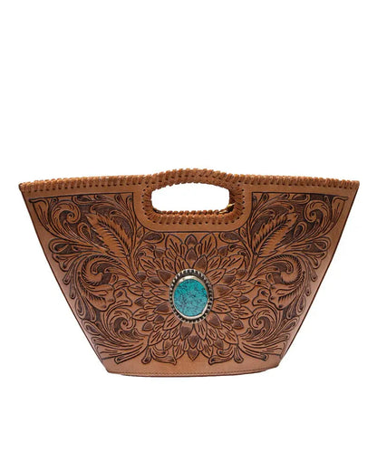 Loyal West Desert Marigold hand-tooled leather bucket bag with turquoise stone