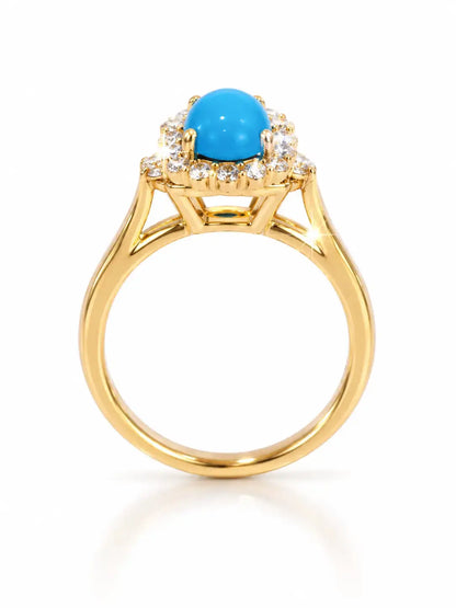 Natural turquoise diamond halo ring close view