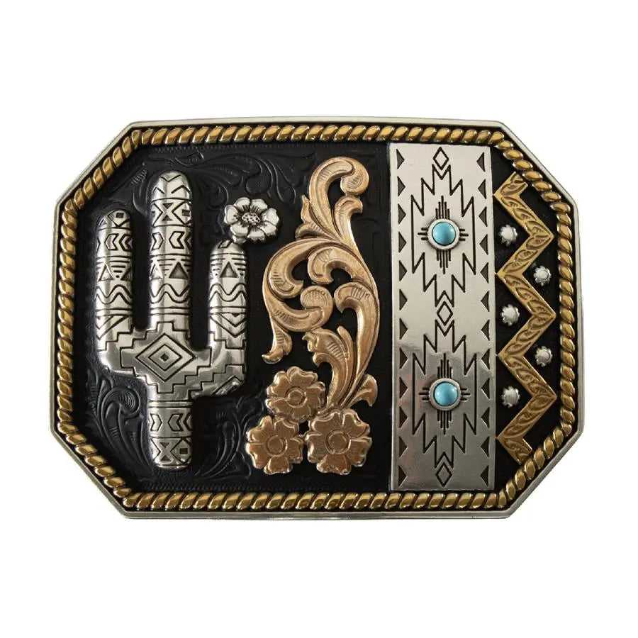 Blazin' Roxx Southwestern Cactus Multi Finish Rectangle Belt Buckle Last Rodeo Western Wear & Hat Bar