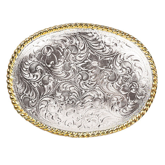 Nocona Silver Floral Belt Buckle with Gold Trim