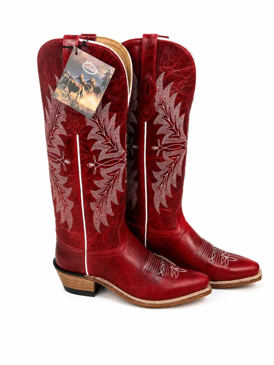 Women’s tall red cowboy boots detailed stitching
