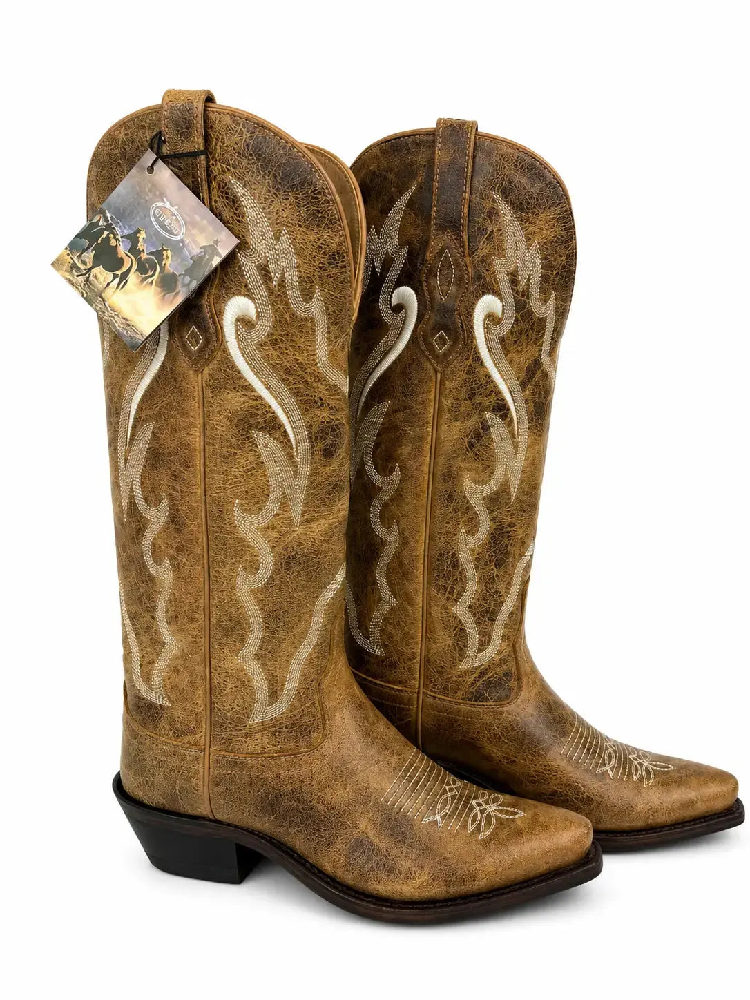 Old West Women’s Tall Tan Snip Toe Western Boots Tag