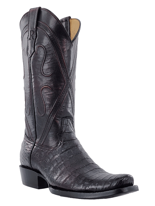R. Watson RW2002-1 men’s black cherry caiman belly cowboy boots front and side view