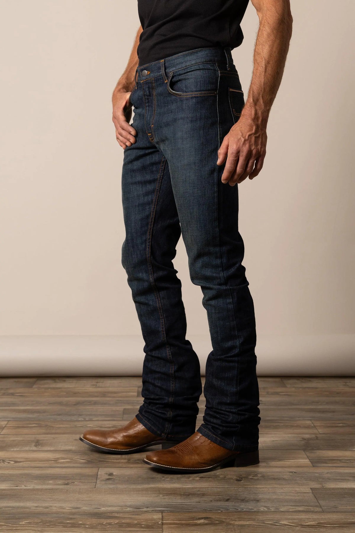 Kimes Ranch Roger jeans in blue denim with contrast stitching and five-pocket styling
