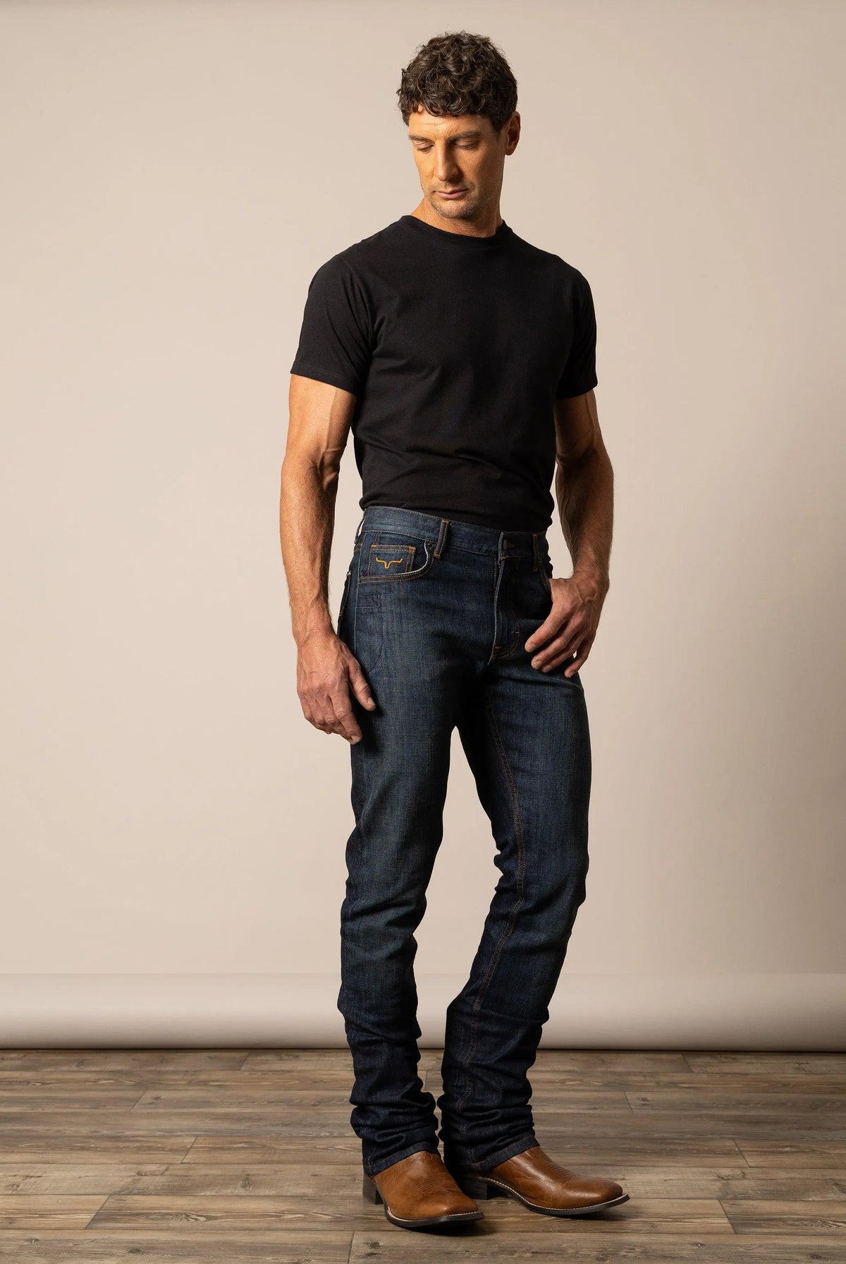 Kimes Ranch Roger jeans with logo patch on back pocket