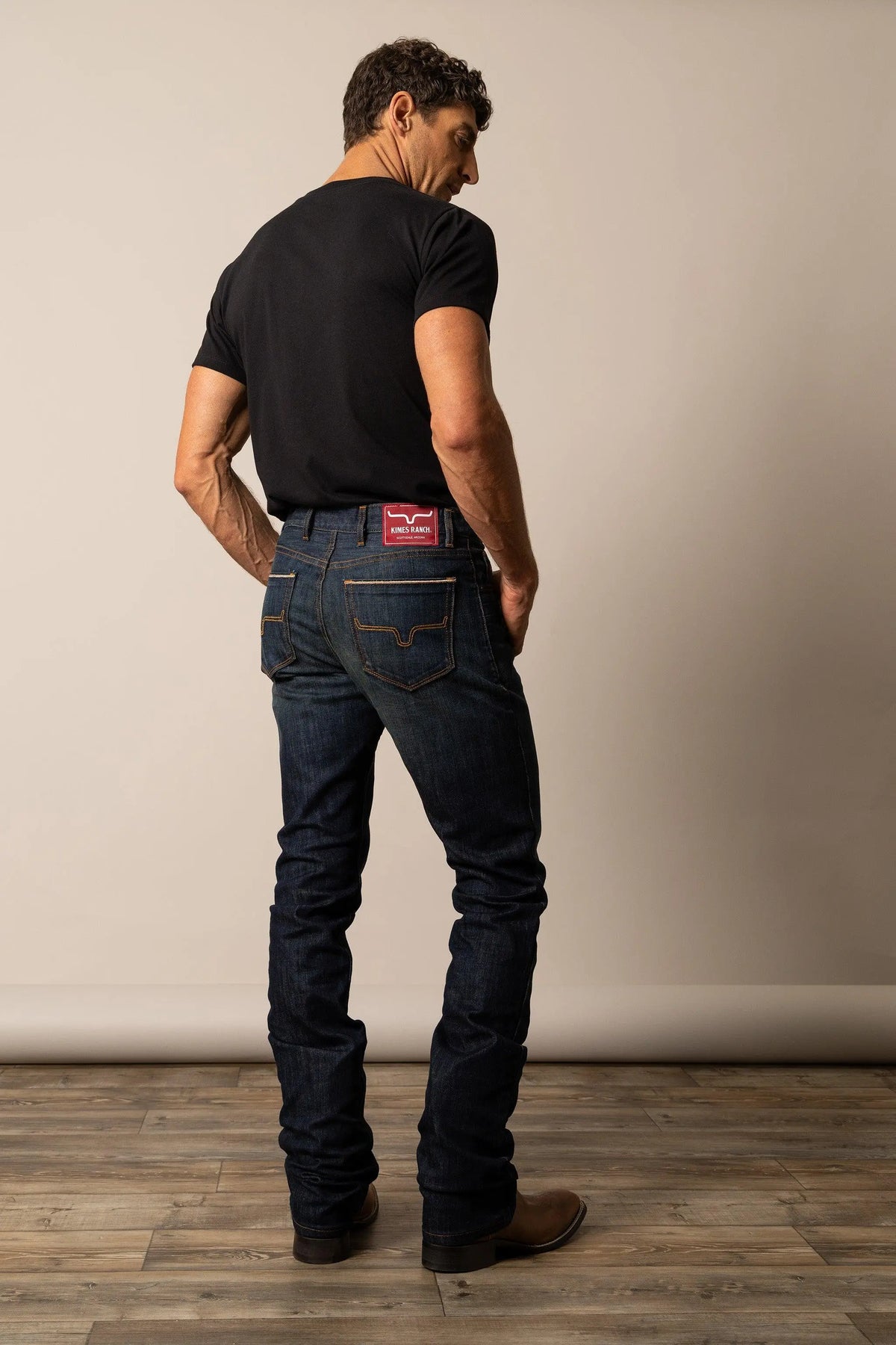 Kimes Ranch Roger jeans with red Kimes Ranch logo patch on back