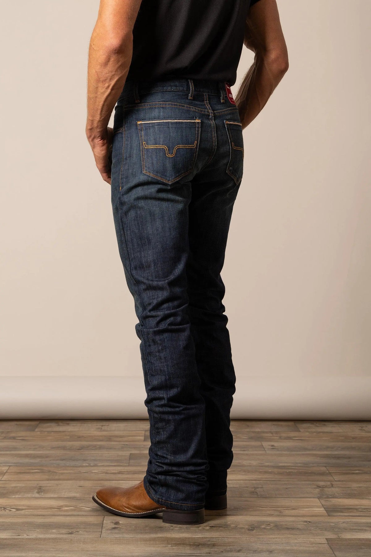 Kimes Ranch Roger jeans in blue denim showing back pockets