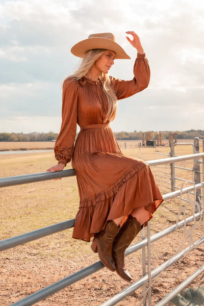 Rust Satin Western Maxi Dress