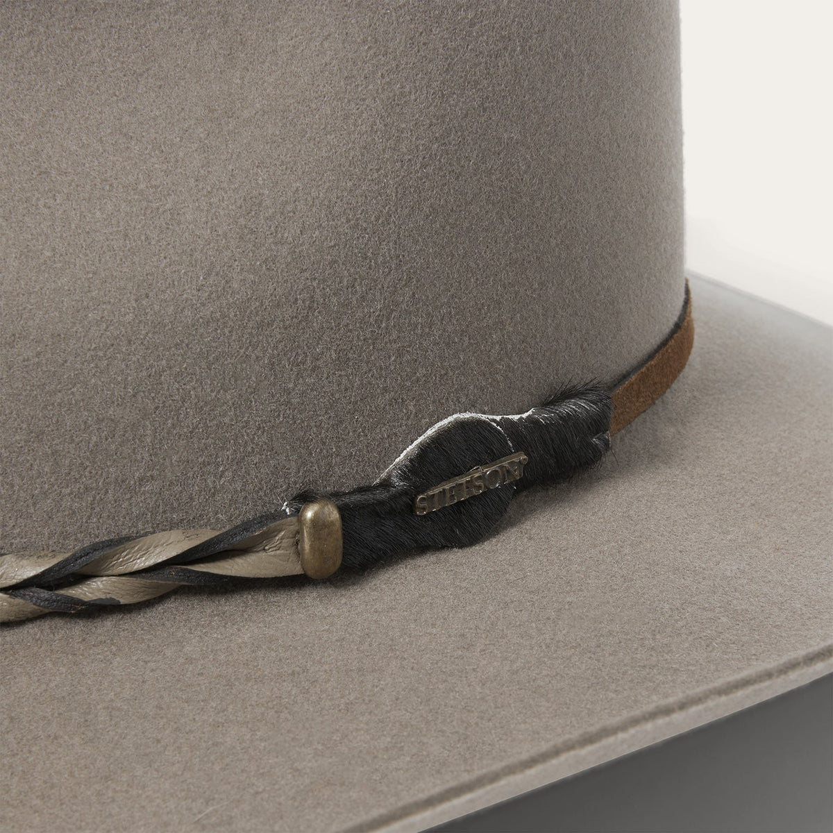 Inside of Stetson Drifter showing leather sweatband and satin liner