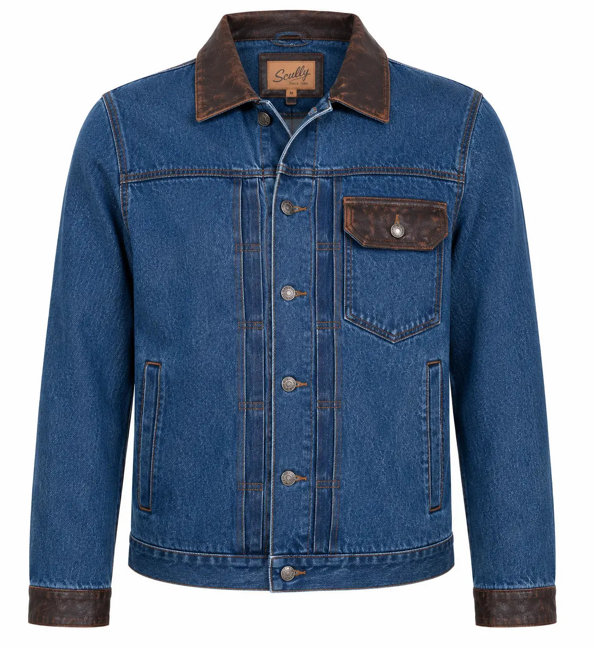 Scully Men’s Denim Jacket with Brown Leather Trim – Western Button Up Last Rodeo Western Wear & Hat Bar
