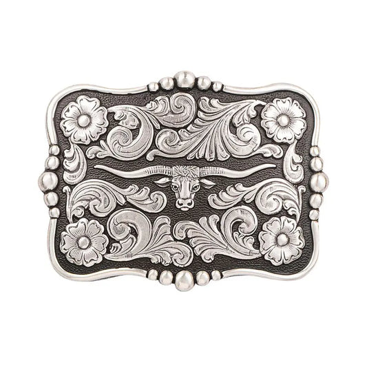 Nocona Men's Longhorn Silver & Black Rectangular Belt Buckle Last Rodeo Western Wear & Hat Bar