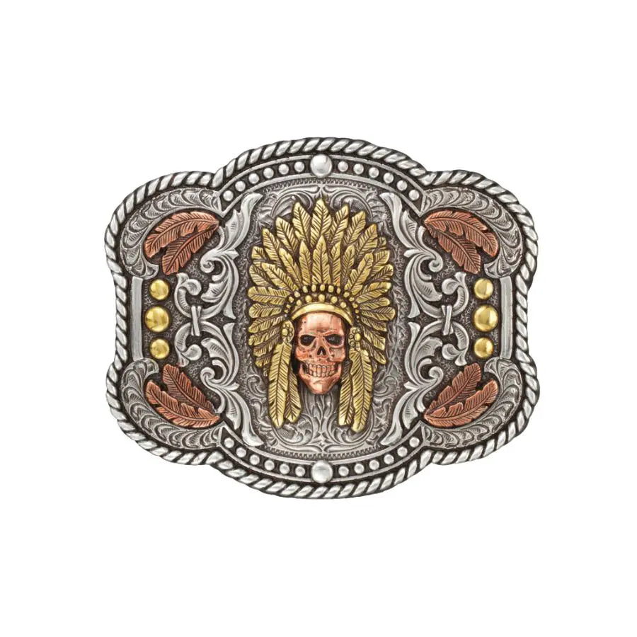 Nocona Men's Tri-Color Rope Edge Feather Chief Skull Buckle Last Rodeo Western Wear & Hat Bar