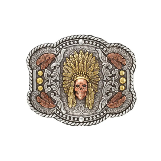 Nocona Men's Tri-Color Rope Edge Feather Chief Skull Buckle Last Rodeo Western Wear & Hat Bar