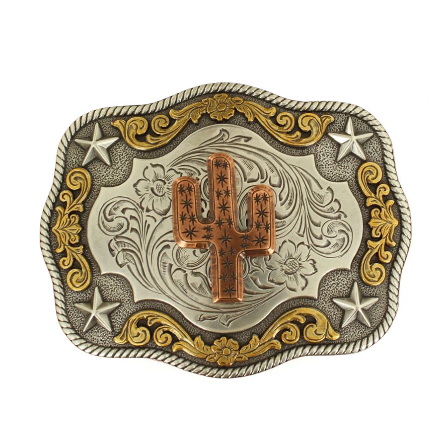 Nocona Rectangle Rope Edge Copper Cactus Belt Buckle