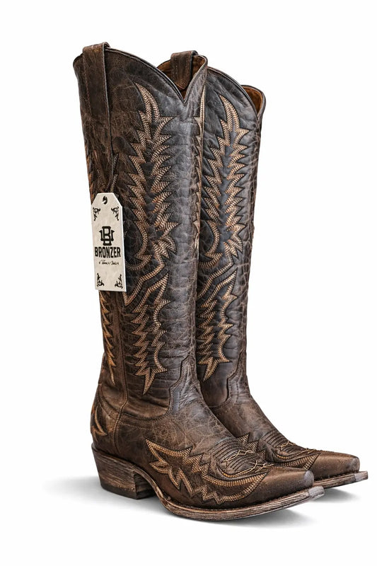 Women’s Distressed Brown Western Snip Toe Cowboy Boots – Embroidered Leather