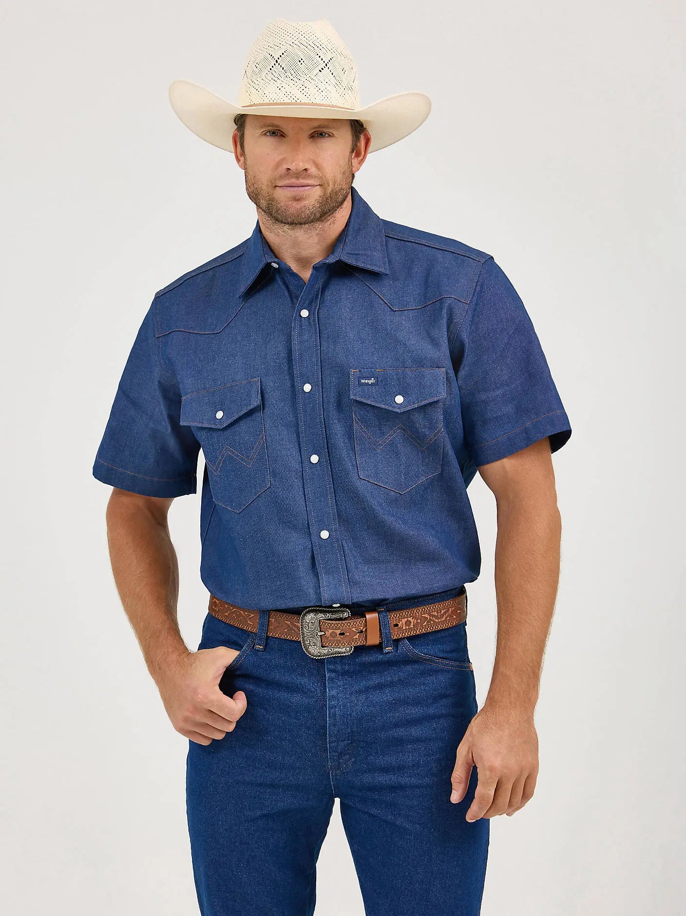 Wrangler Men’s Short Sleeve Denim Western Snap Shirt – Dark Indigo