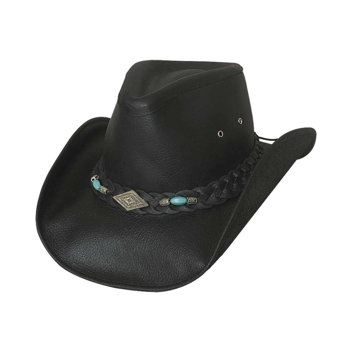 Bullhide Royston black top grain leather cowboy hat with braided band, silver concho and turquoise beads
