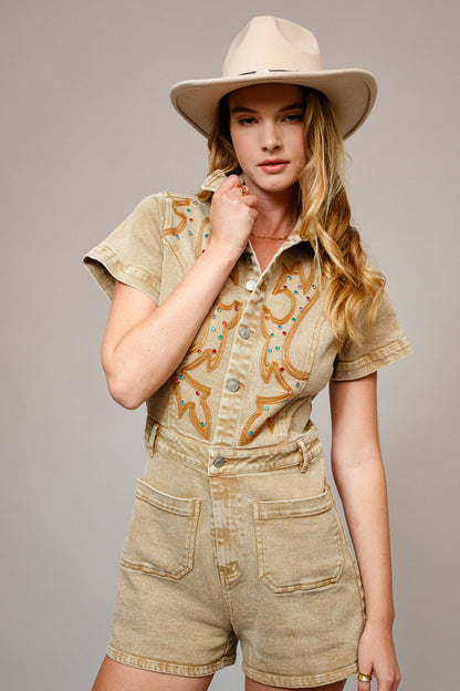 Dusty Trails Embroidered Romper Sandstone