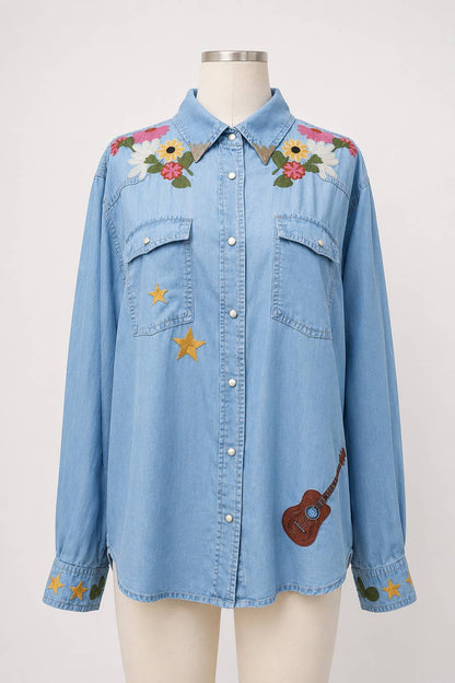 Medium denim embroidered cowgirl shirt detail view