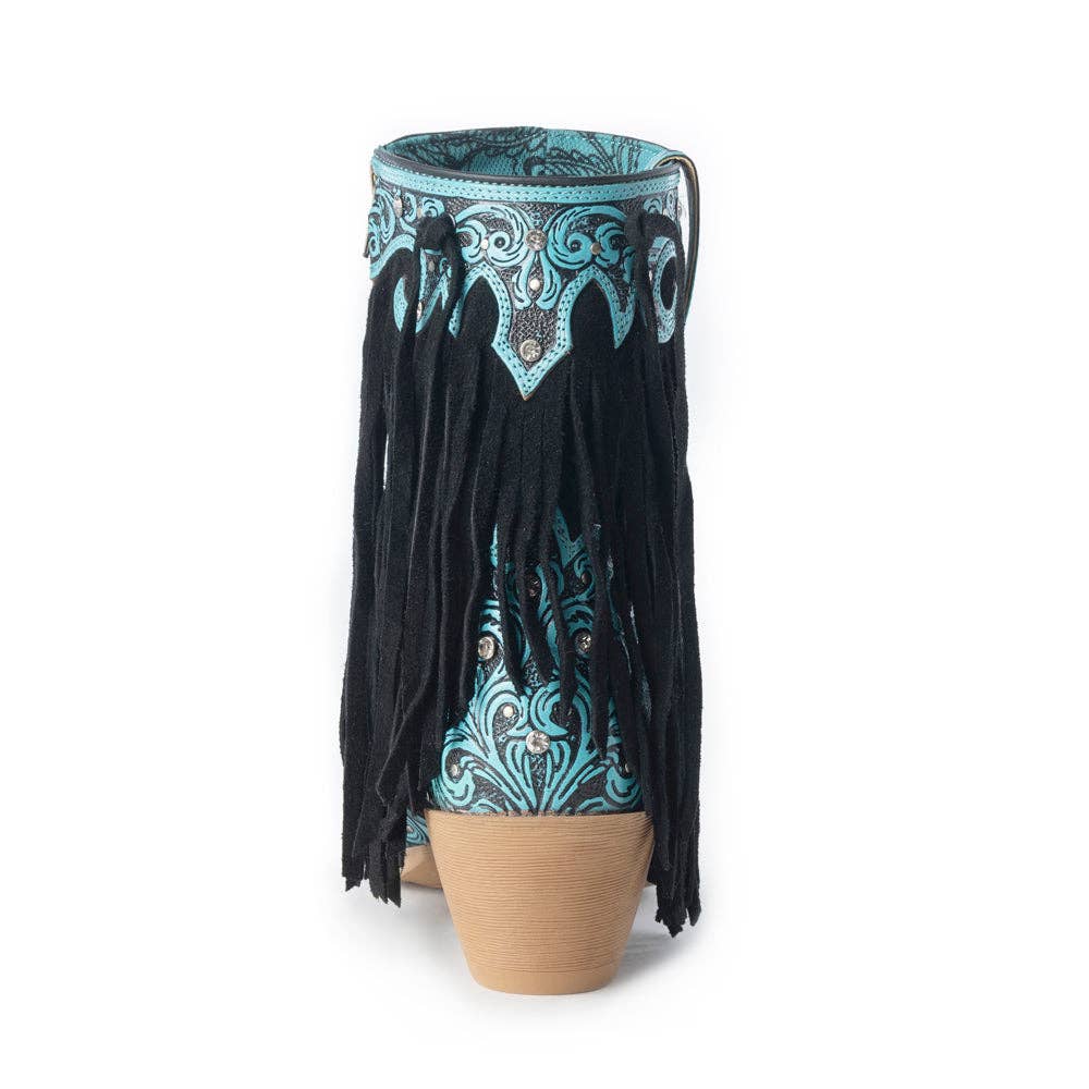 Snip toe turquoise tooled leather fringe boot, front view