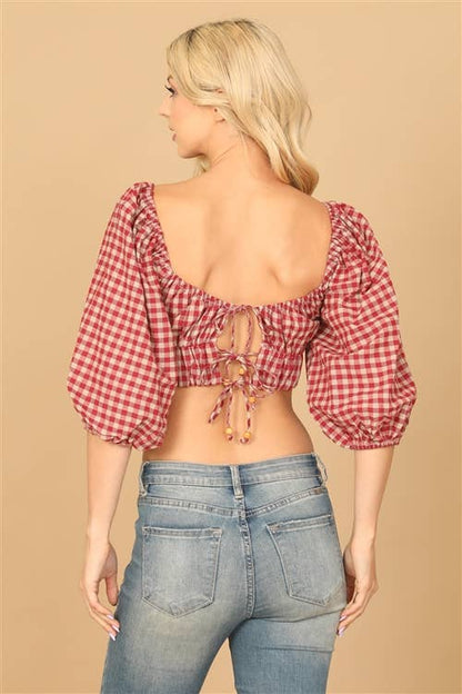 Puff Sleeve Plaid Crop Top – Red Taupe