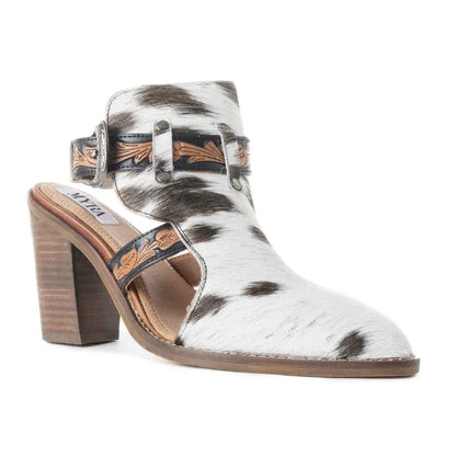 Women’s Hair On Cowhide Western Mule Heels  Hand Tooled Strap Statement Heel Myra Bag
