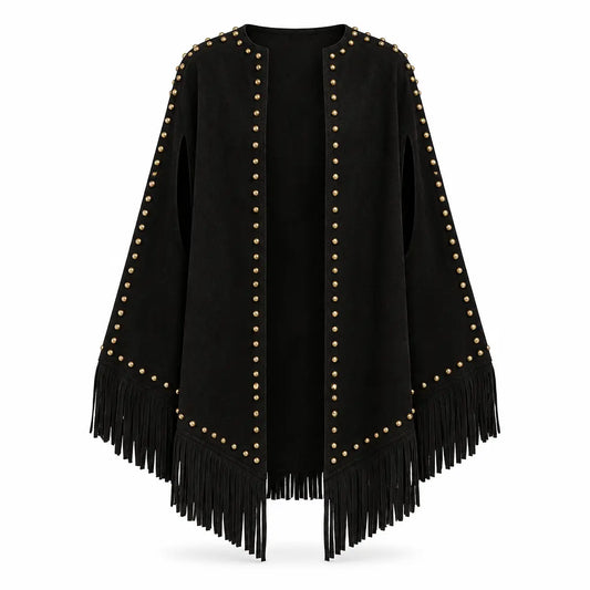 Lucky & Blessed black suede studded western fringe cape front view on white background