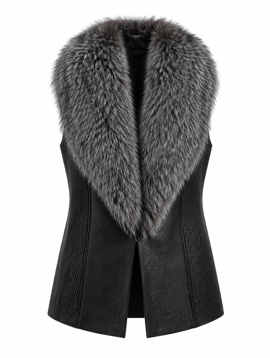 Fox fur collar lambskin leather vest product photo