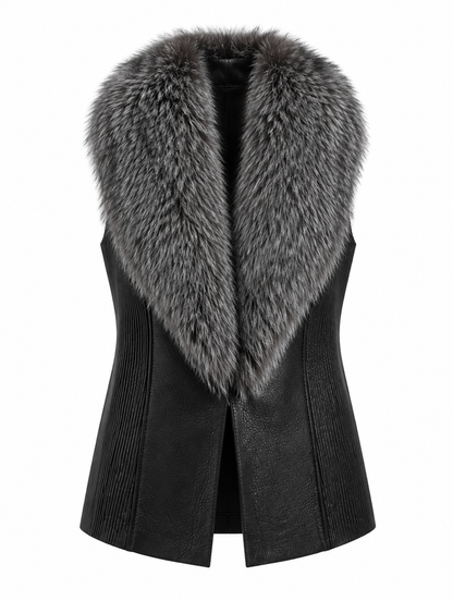 Fox fur collar lambskin leather vest product photo