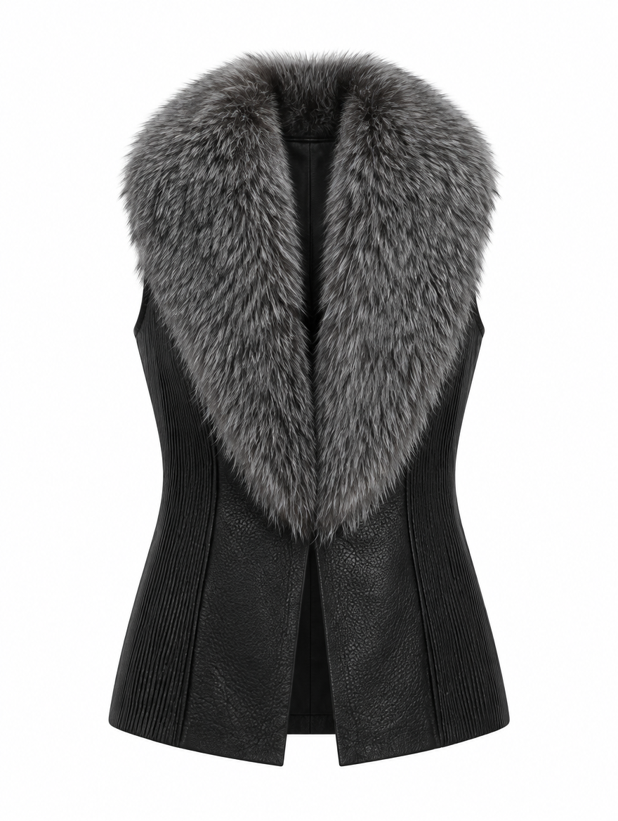 Natural fox fur and lambskin leather vest, front view