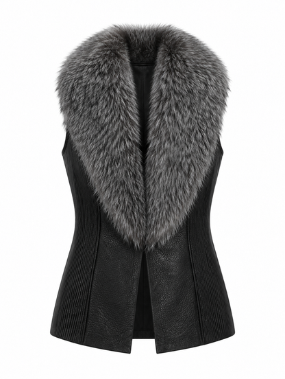 Natural fox fur and lambskin leather vest, front view