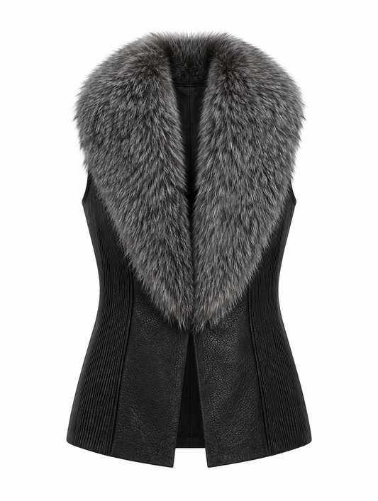 Natural fox fur and lambskin leather vest, front view