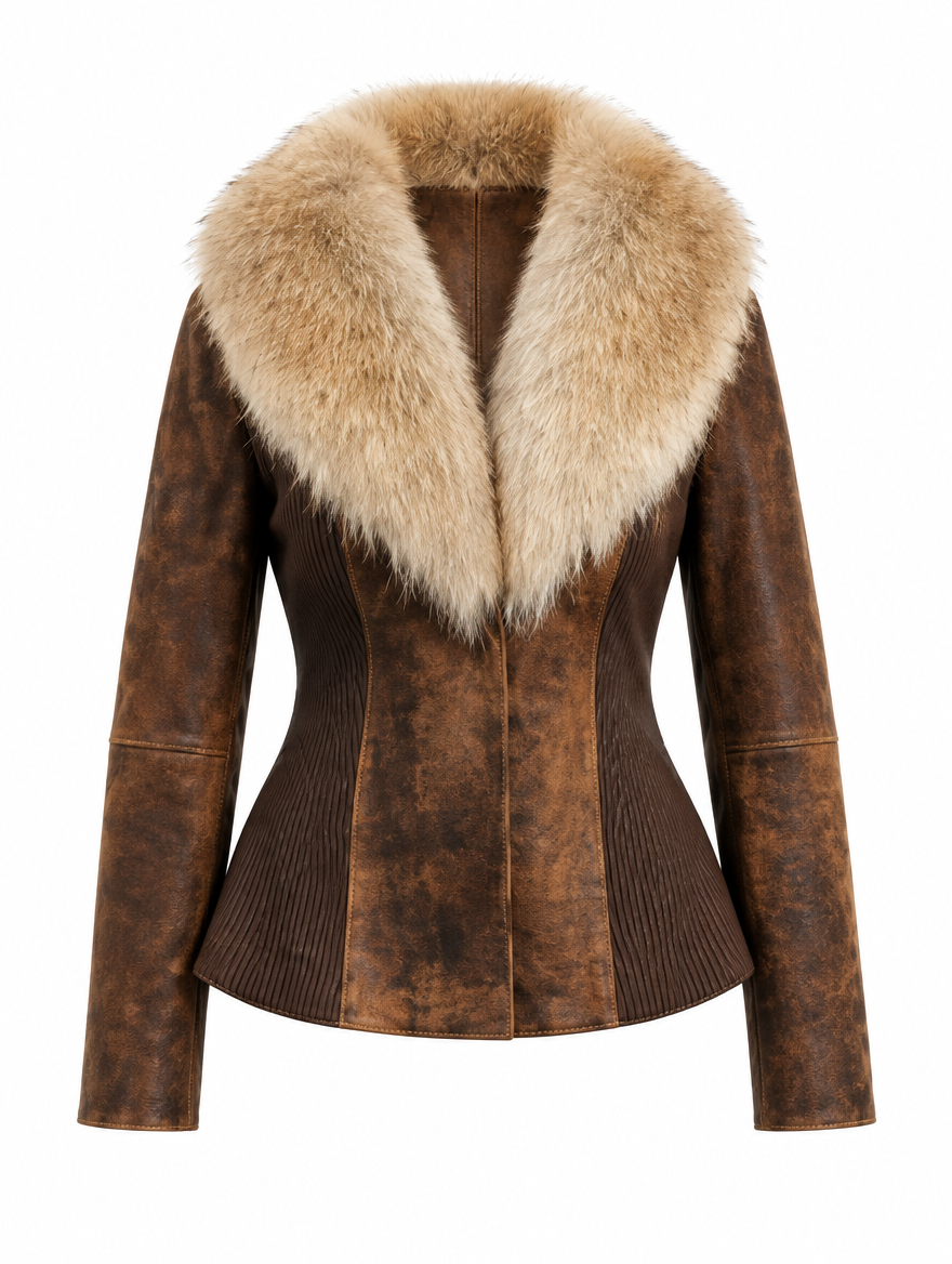 Natural fox fur collar distressed brown lambskin leather jacket, front view