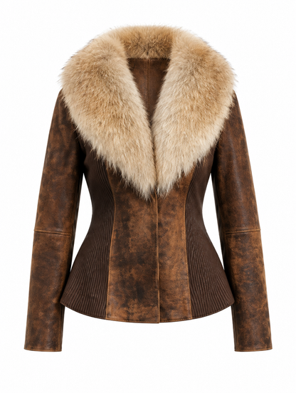 Natural fox fur collar distressed brown lambskin leather jacket, front view