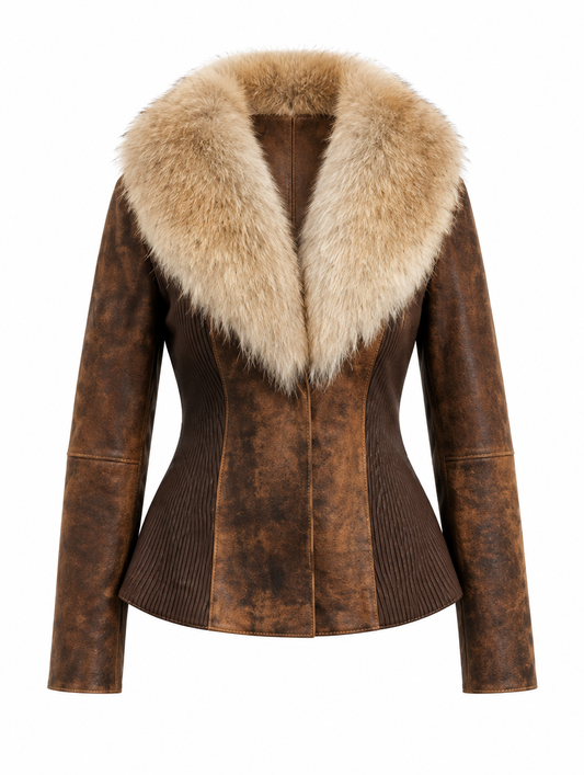 Natural fox fur collar distressed brown lambskin leather jacket, front view
