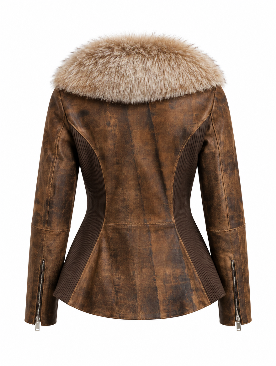 Natural fox fur collar distressed brown lambskin leather jacket, back view