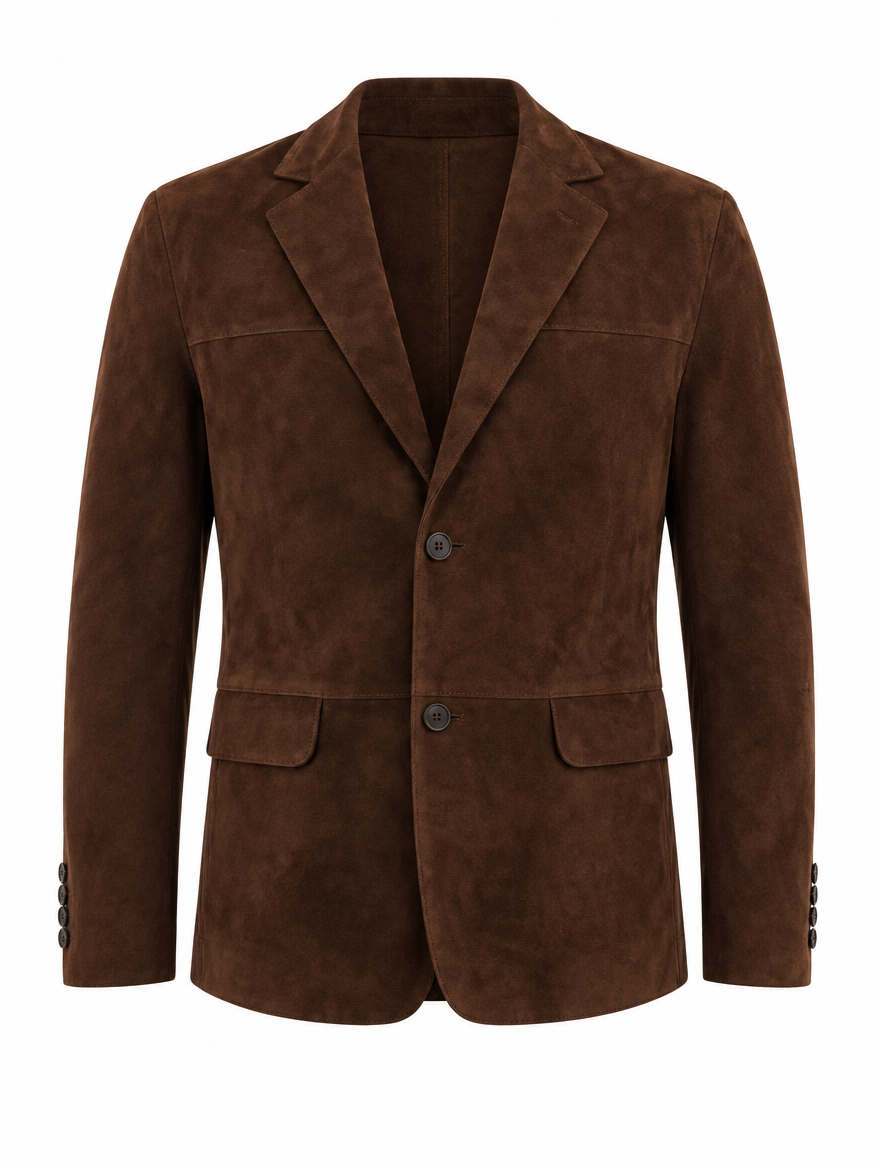 Brown lambskin suede blazer, unlined, front view