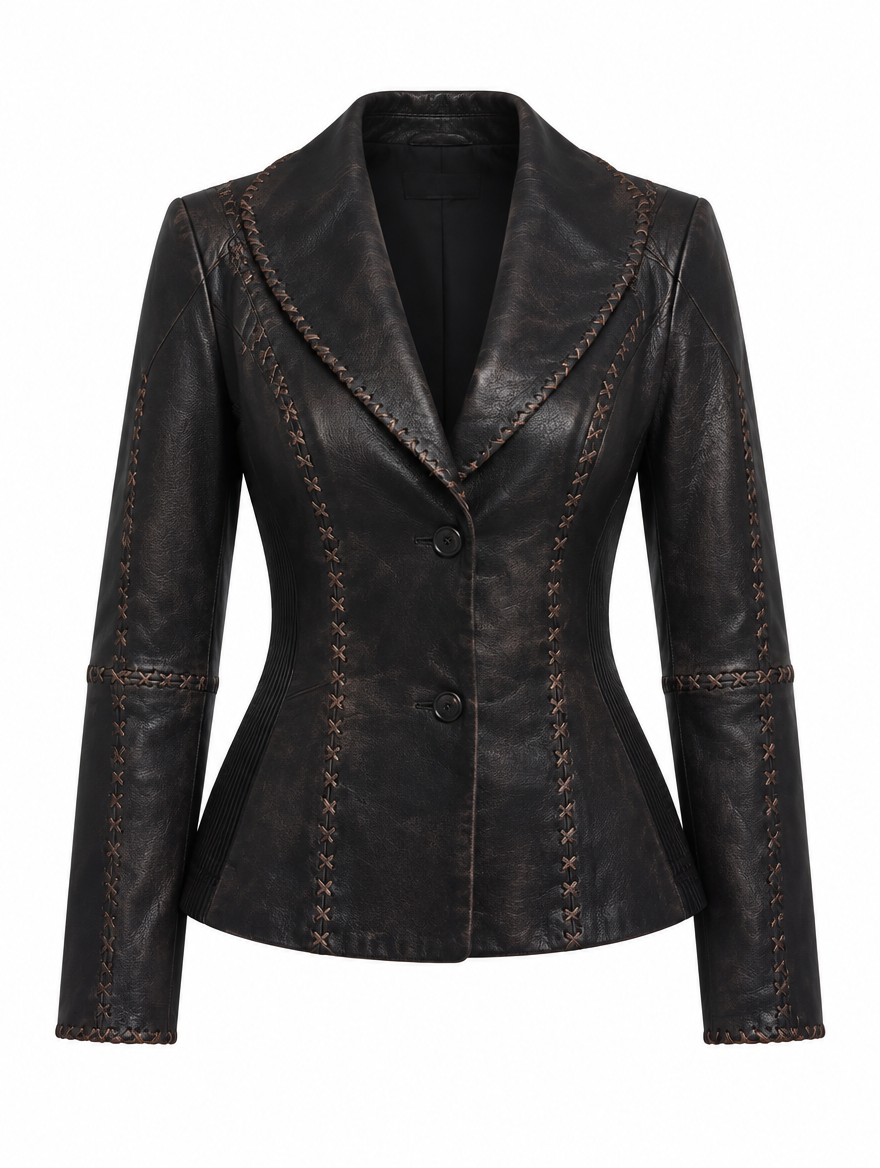 Women's black lambskin leather jacket with cross-stitch detail, front view