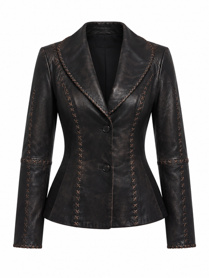 Women's black lambskin leather jacket with cross-stitch detail, front view