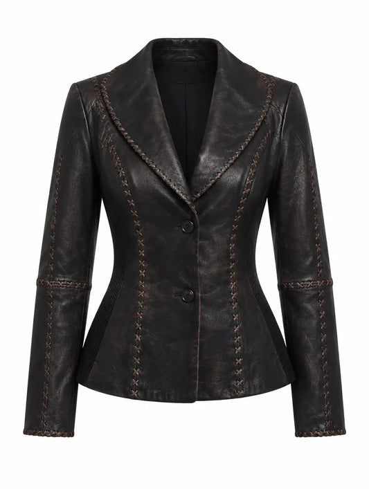 Women's black lambskin leather jacket with cross-stitch detail, front view