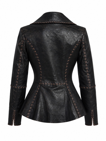 Women's black lambskin leather jacket with cross-stitch detail, back view