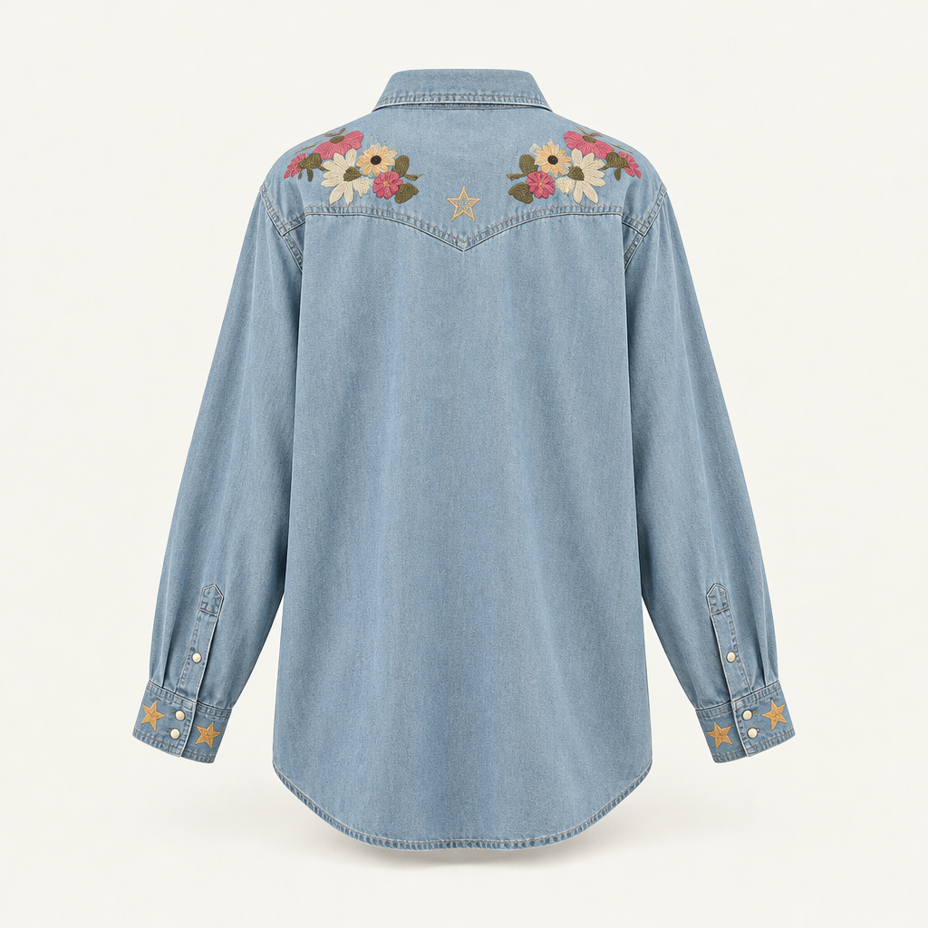 Back of women's embroidered western Tencel shirt in medium denim