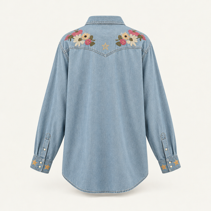 Back of women's embroidered western Tencel shirt in medium denim