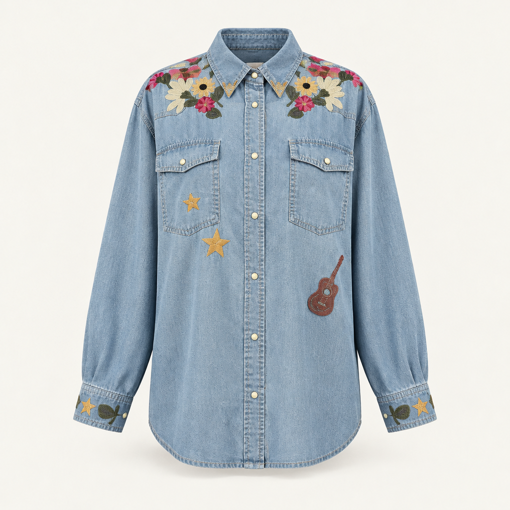 Women's medium denim Tencel western shirt with floral embroidery, front view