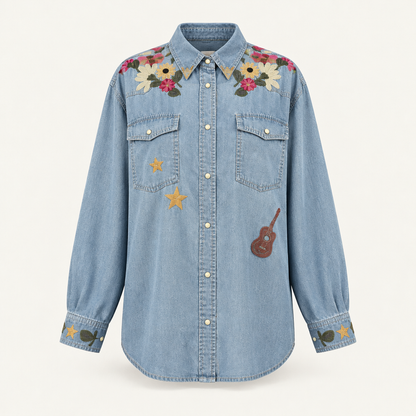 Women's medium denim Tencel western shirt with floral embroidery, front view